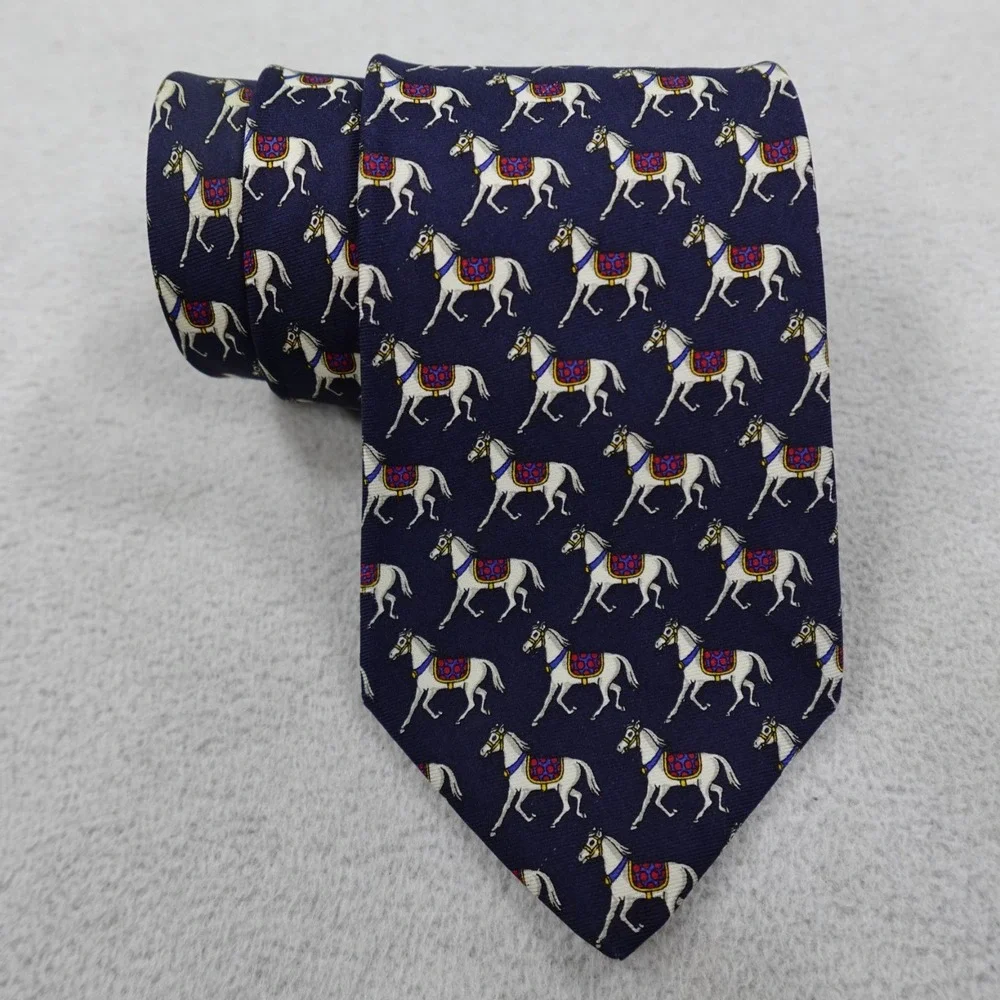 Brooks Brothers Makers Tie Blue Horse Print Mens Necktie 100% Silk Luxury USA